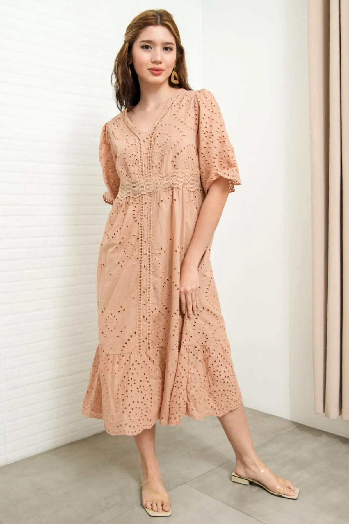 CERYS V-Neck Flutter-Sleeve Eyelet Dress (Nude Brown)