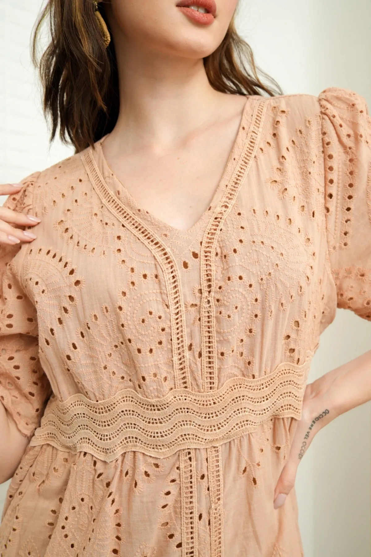 CERYS V-Neck Flutter-Sleeve Eyelet Dress (Nude Brown)