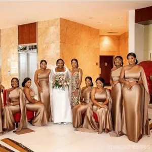 Champagne Mermaid One Shoulder Cheap Long Bridesmaid Dresses,WG1483