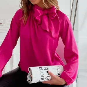 Charm Bow Tie Neck Pleated Long Sleeve Satin Blouse