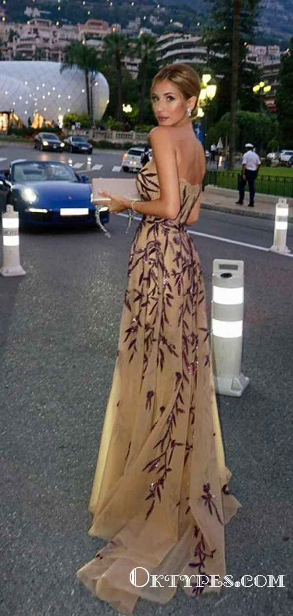 Charming A-Line Long Light Champagne Prom Dresses with Appliques, TYP1734