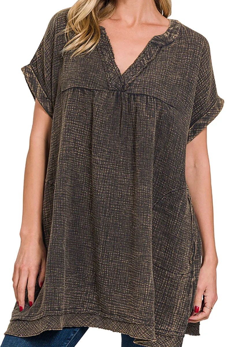 Cherry Grove Brown Washed Gauze V-Neck Dress