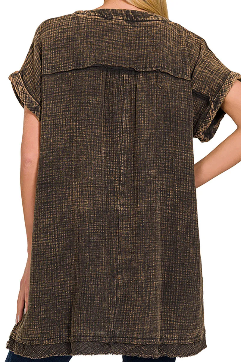 Cherry Grove Brown Washed Gauze V-Neck Dress