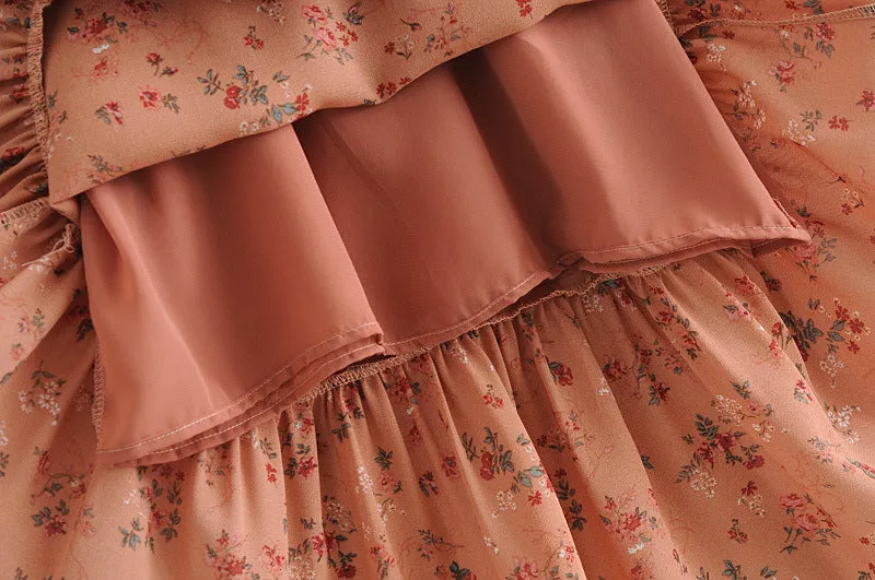 Chiffon Strappy Vintage Floral Lace-up Maxi Midi Dresses