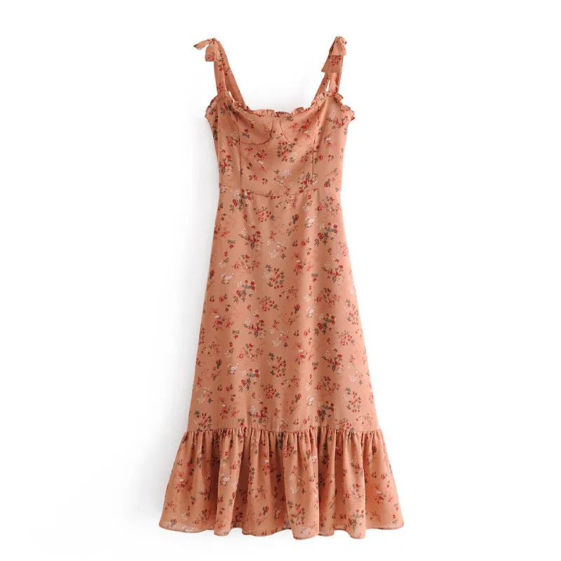 Chiffon Strappy Vintage Floral Lace-up Maxi Midi Dresses