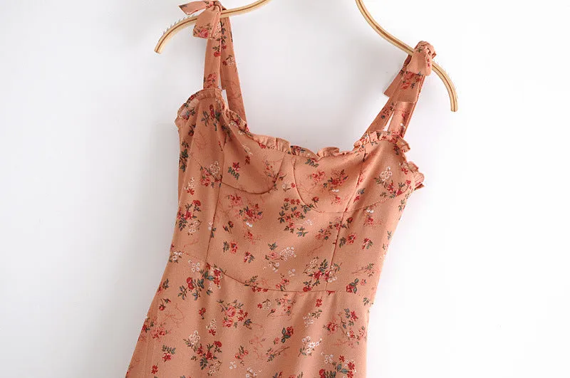 Chiffon Strappy Vintage Floral Lace-up Maxi Midi Dresses