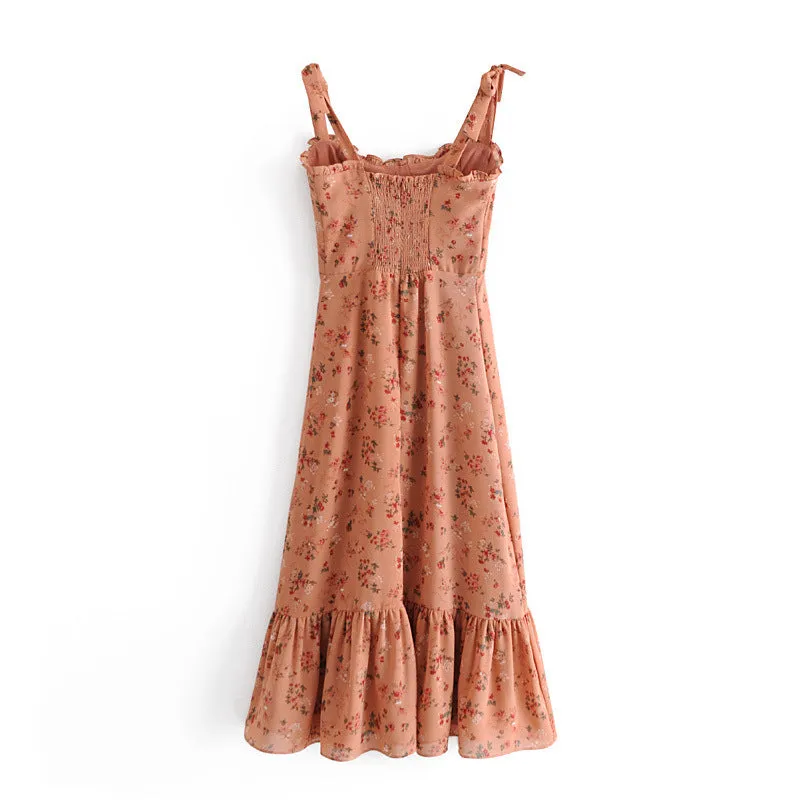 Chiffon Strappy Vintage Floral Lace-up Maxi Midi Dresses
