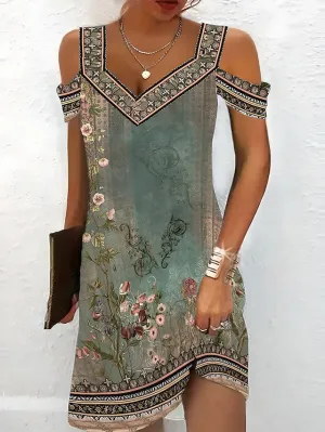 CityHottie - Women's Casual Dress Ethnic Dress Summer Dress Floral Tribal Cut Out Print V Neck Mini Dress Active Fashion Outdoor Daily Short Sleeve Regular Fit Red Blue Green Summer Spring S M L XL XXL