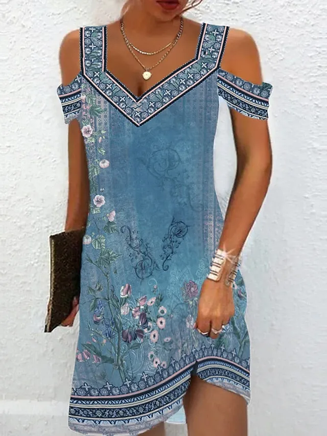 CityHottie - Women's Casual Dress Ethnic Dress Summer Dress Floral Tribal Cut Out Print V Neck Mini Dress Active Fashion Outdoor Daily Short Sleeve Regular Fit Red Blue Green Summer Spring S M L XL XXL