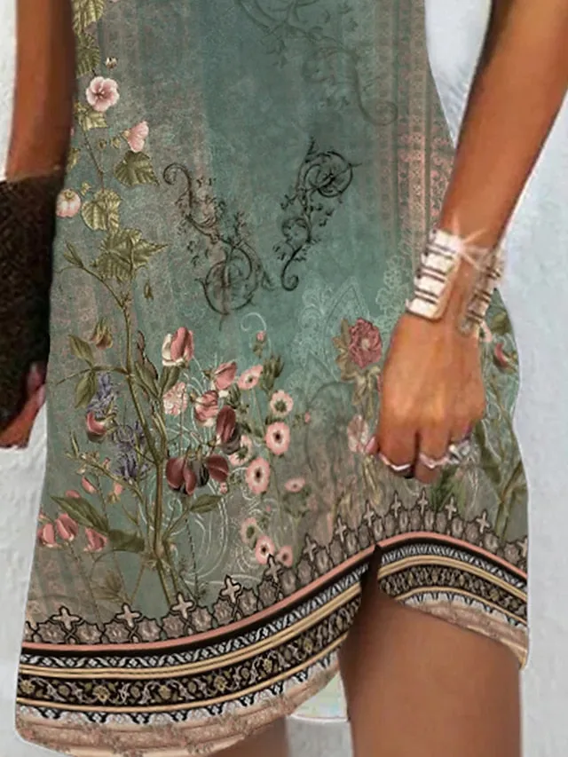 CityHottie - Women's Casual Dress Ethnic Dress Summer Dress Floral Tribal Cut Out Print V Neck Mini Dress Active Fashion Outdoor Daily Short Sleeve Regular Fit Red Blue Green Summer Spring S M L XL XXL