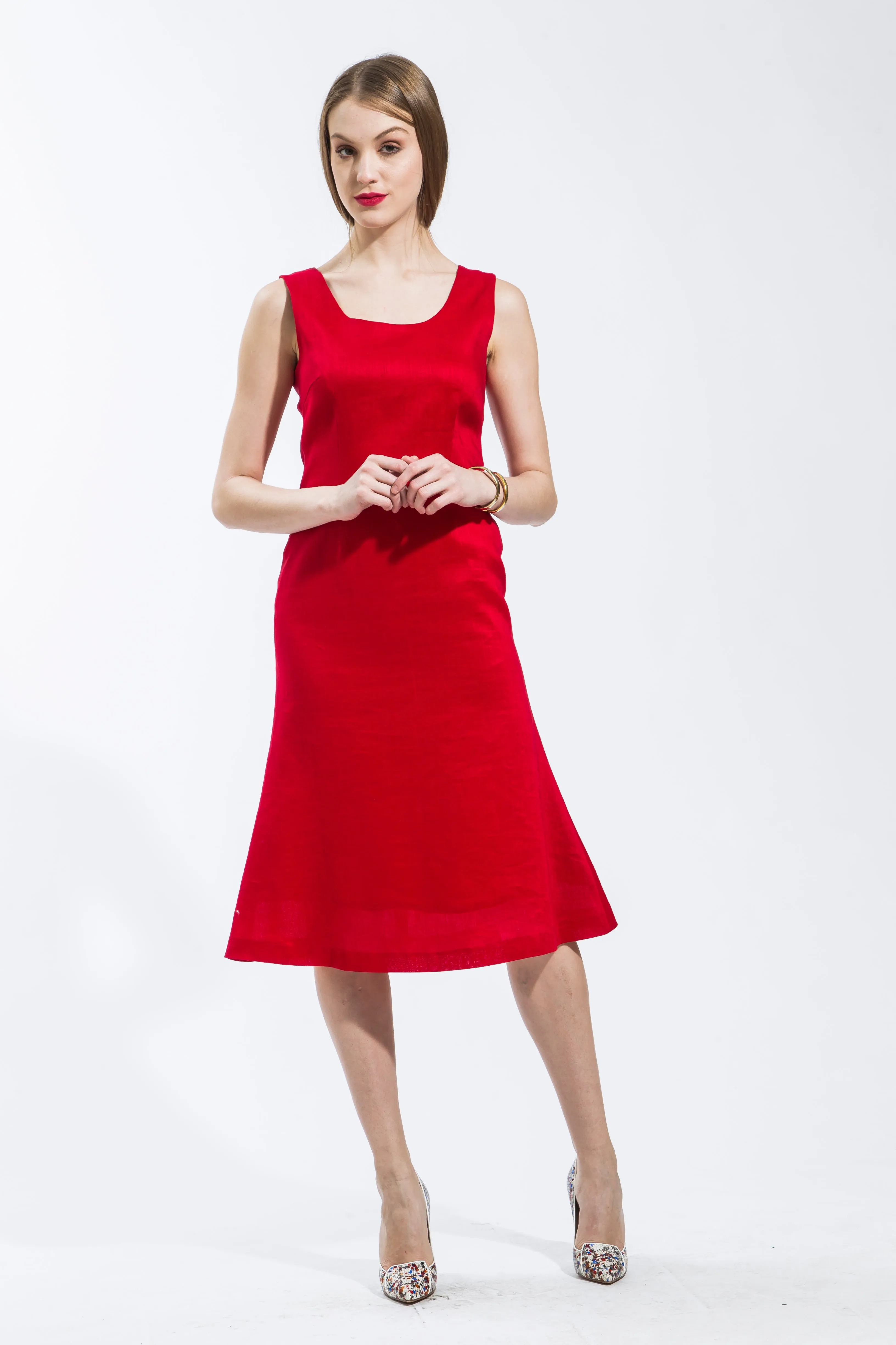 Classic A-Line Sleeveless Dress (Red) Style 8088K