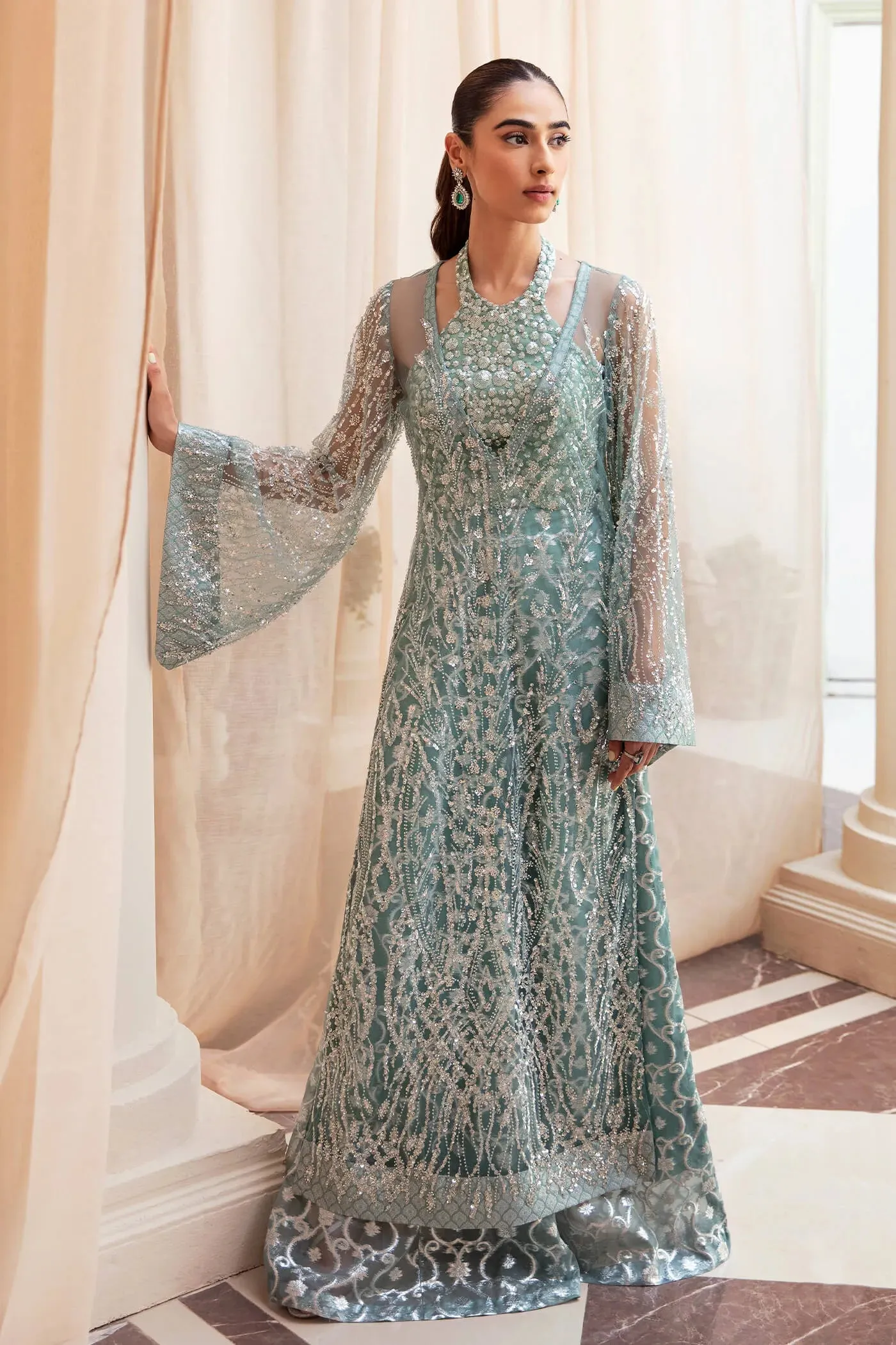 Classic Aqua Blue Embroidered Pakistani Wedding Dress Gown Shirt