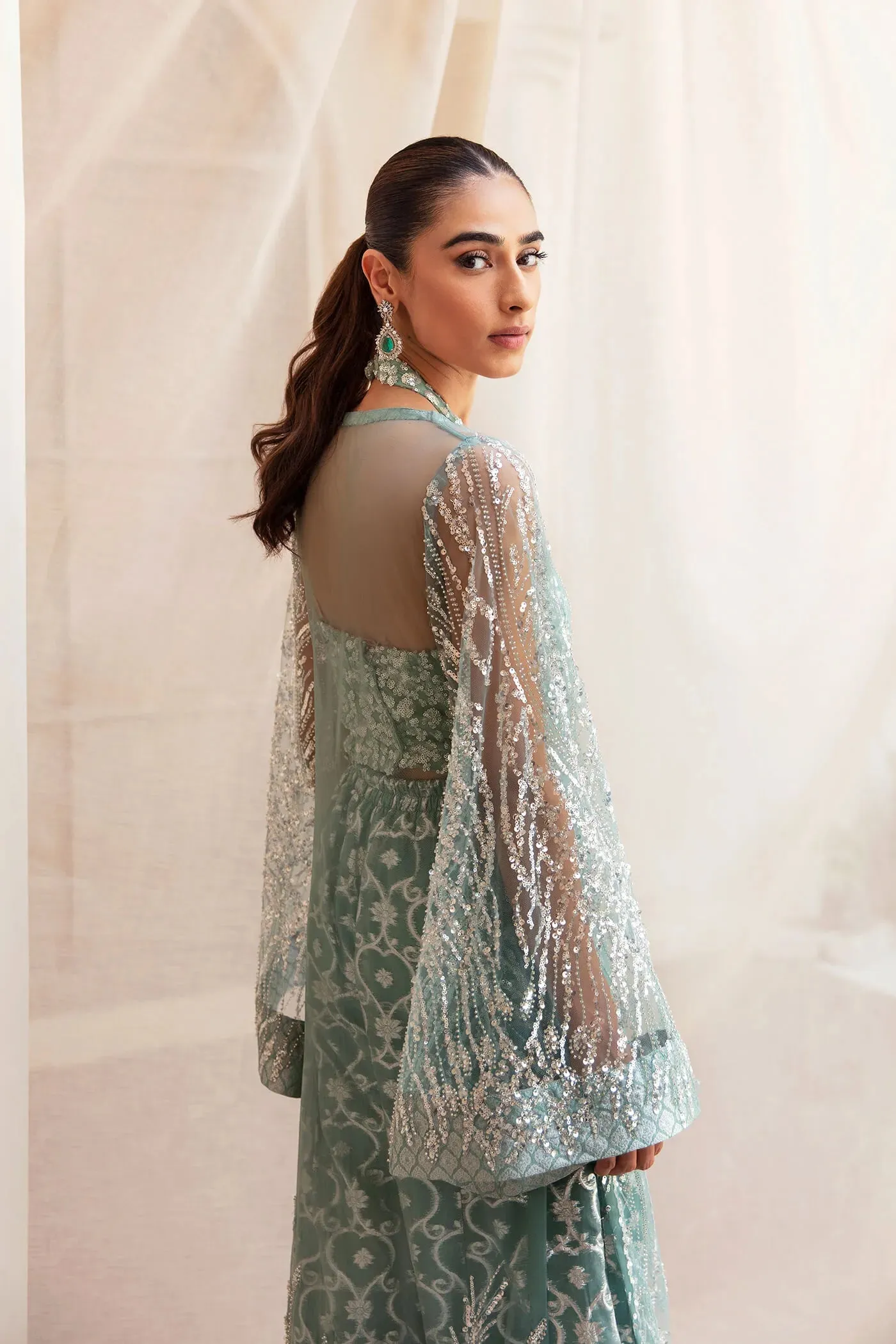 Classic Aqua Blue Embroidered Pakistani Wedding Dress Gown Shirt