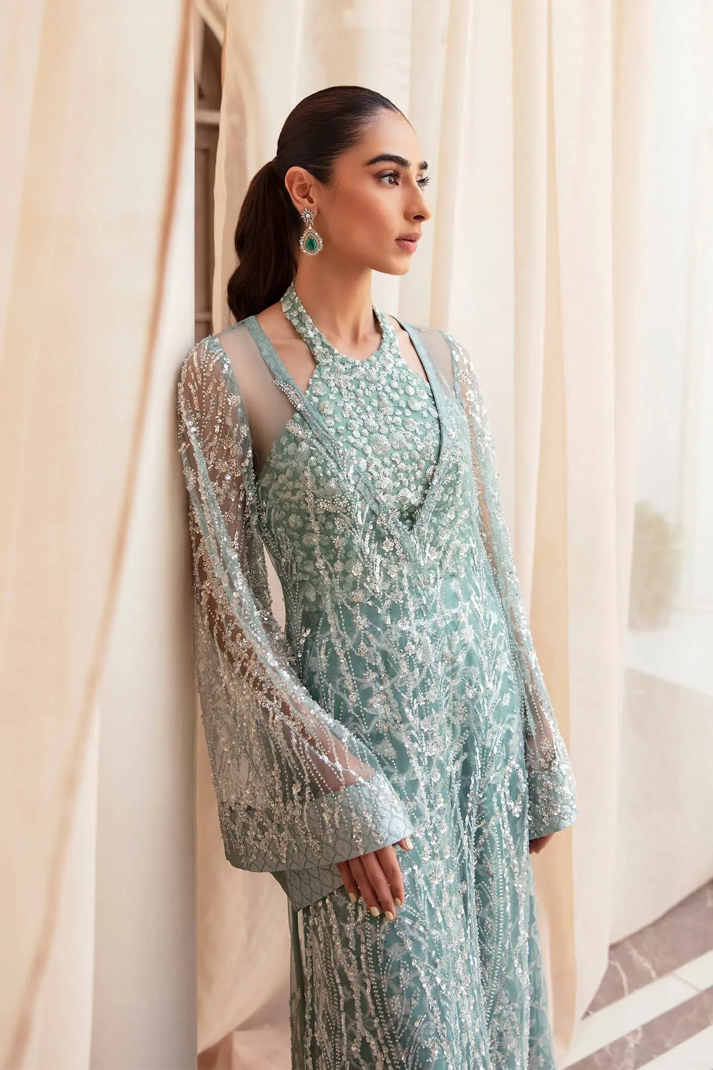 Classic Aqua Blue Embroidered Pakistani Wedding Dress Gown Shirt