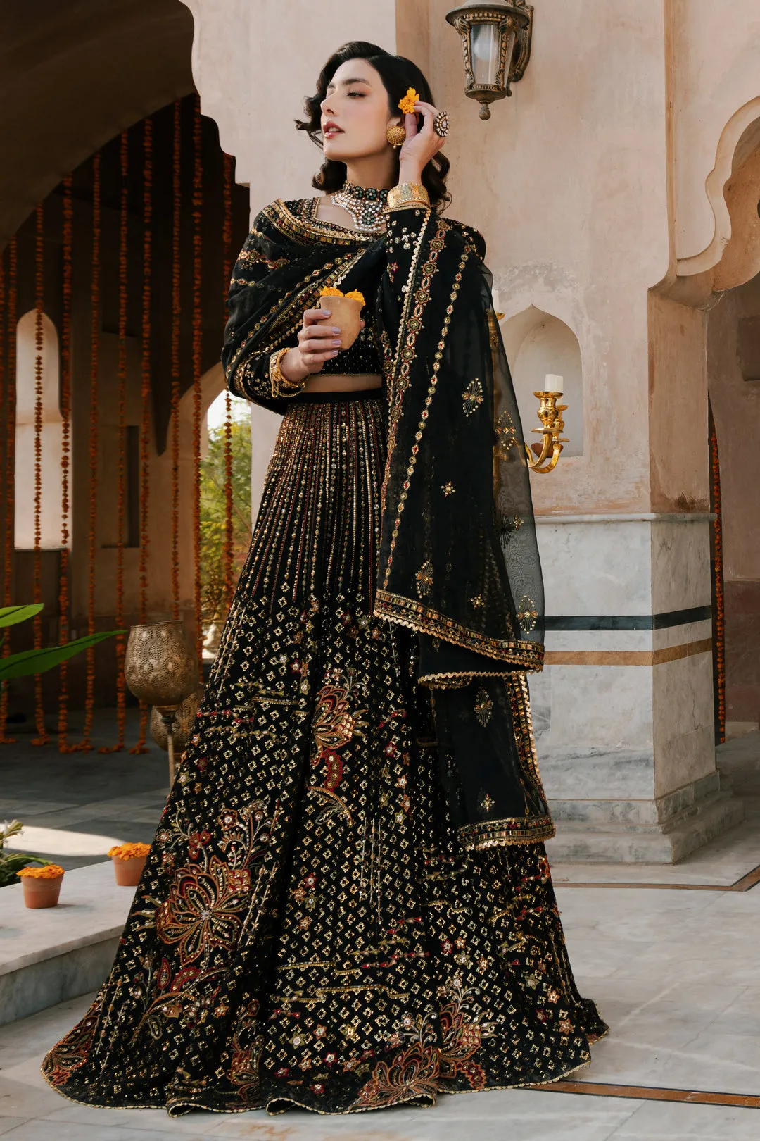 Classic Black Golden Embellished Pakistani Wedding Dress Lehenga Choli