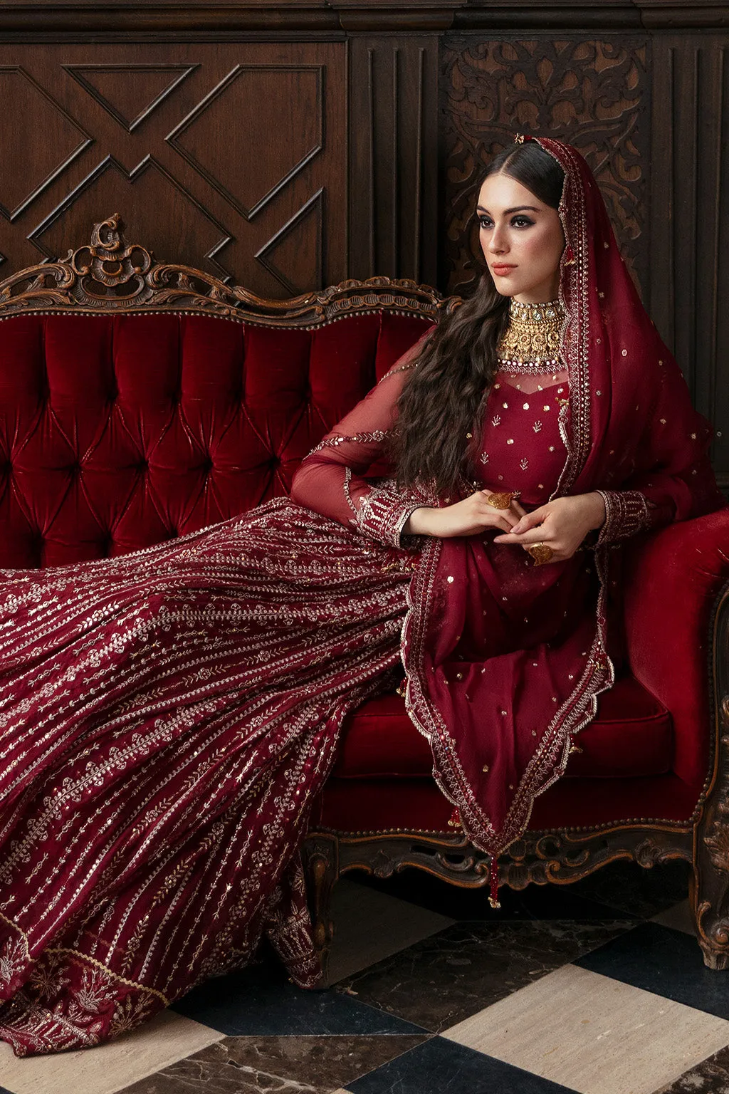 Classic Heavily Embellished Red Pakistani Wedding Dress in Pishwas Style