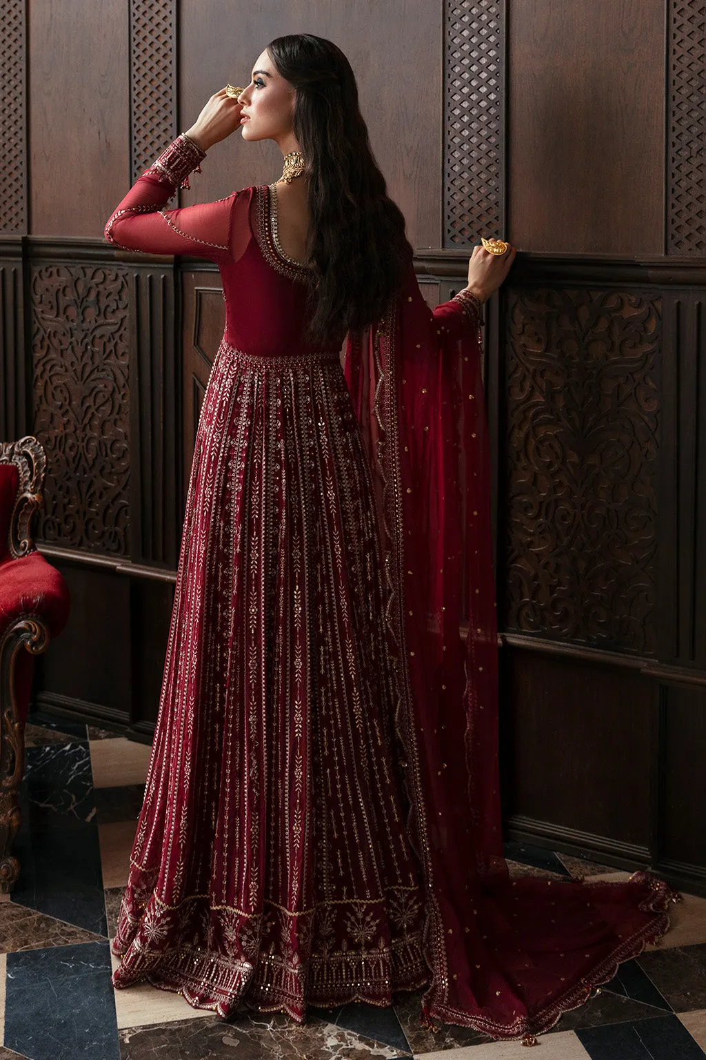 Classic Heavily Embellished Red Pakistani Wedding Dress in Pishwas Style