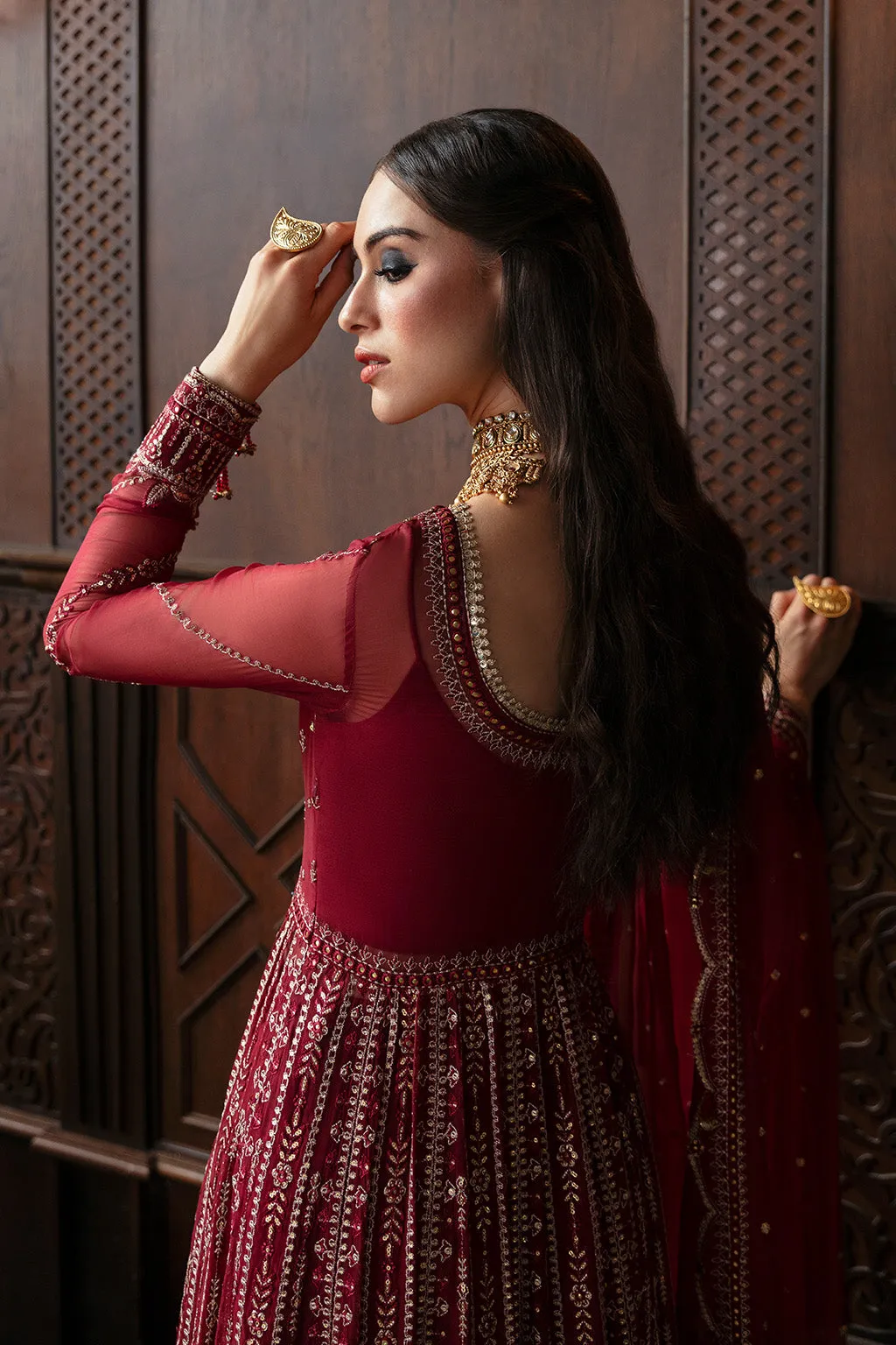 Classic Heavily Embellished Red Pakistani Wedding Dress in Pishwas Style