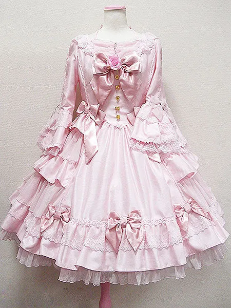 Classic Lolita Dress OP Black Hime Long Sleeve Lace Ruffled Bow Button Lolita One Piece Dress With Red Flowers
