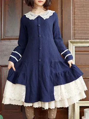 Classic Lolita OP Dress Lac Ruffle Button Two Tone Cotton Red Lolita One Piece Dress