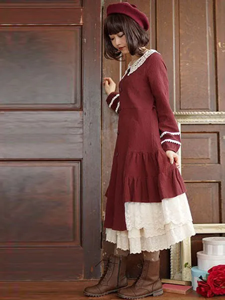 Classic Lolita OP Dress Lac Ruffle Button Two Tone Cotton Red Lolita One Piece Dress