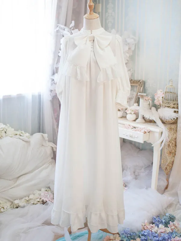 Classic Lolita OP One Piece Dress Stand Collar Long Sleeve Frills Ruffles White Lolita Dresses With Bows