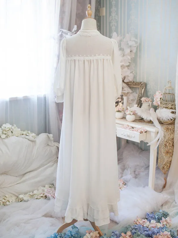 Classic Lolita OP One Piece Dress Stand Collar Long Sleeve Frills Ruffles White Lolita Dresses With Bows