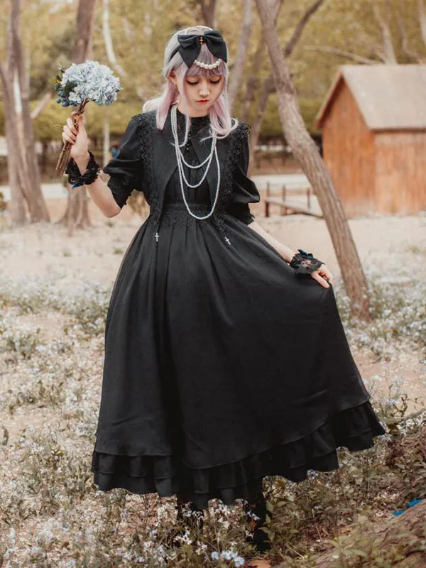 Classic Lolita OP One Piece Dress Stand Collar Long Sleeve Frills Ruffles White Lolita Dresses With Bows