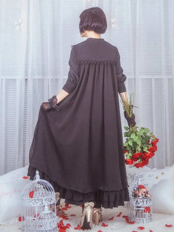 Classic Lolita OP One Piece Dress Stand Collar Long Sleeve Frills Ruffles White Lolita Dresses With Bows