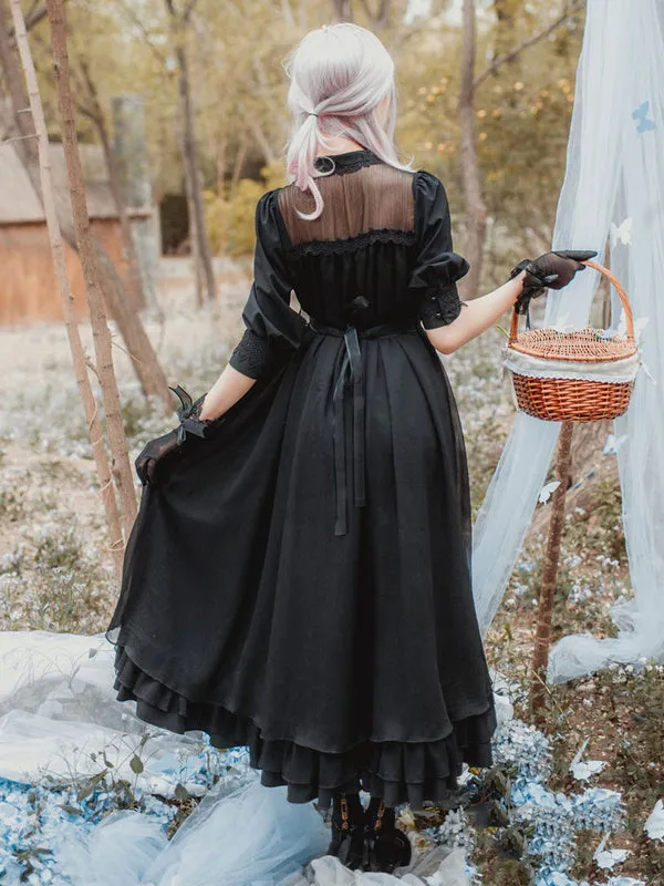 Classic Lolita OP One Piece Dress Stand Collar Long Sleeve Frills Ruffles White Lolita Dresses With Bows