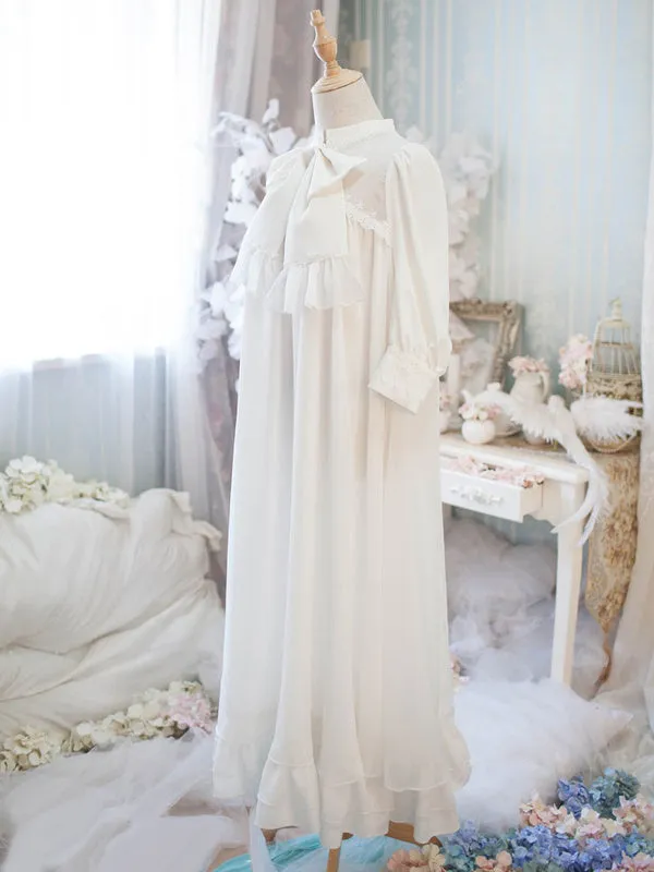 Classic Lolita OP One Piece Dress Stand Collar Long Sleeve Frills Ruffles White Lolita Dresses With Bows