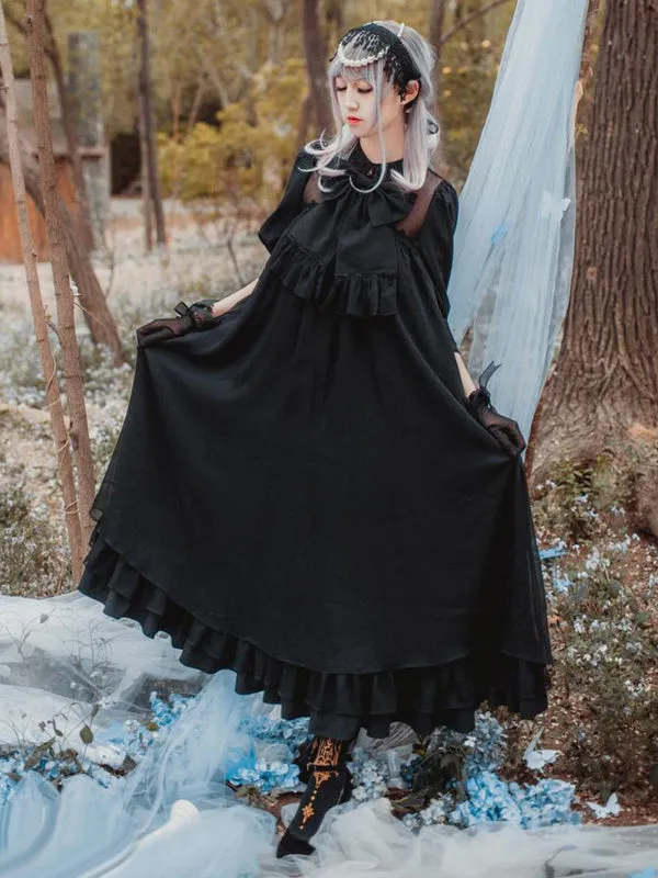 Classic Lolita OP One Piece Dress Stand Collar Long Sleeve Frills Ruffles White Lolita Dresses With Bows