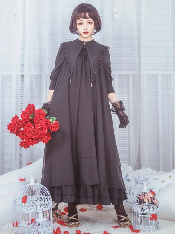 Classic Lolita OP One Piece Dress Stand Collar Long Sleeve Frills Ruffles White Lolita Dresses With Bows