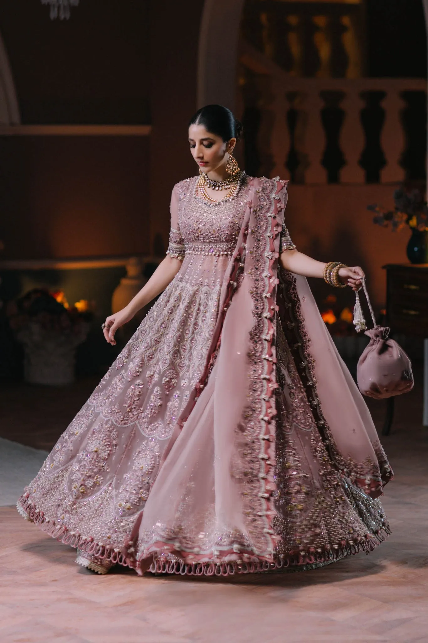Classic Pishwas Embroidered Pakistani Wedding Dress in Elegant Iris Color