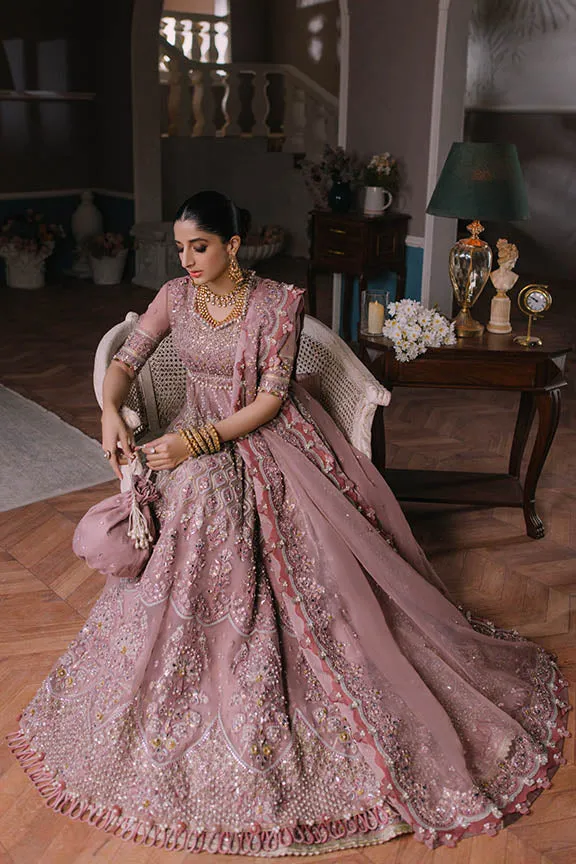Classic Pishwas Embroidered Pakistani Wedding Dress in Elegant Iris Color
