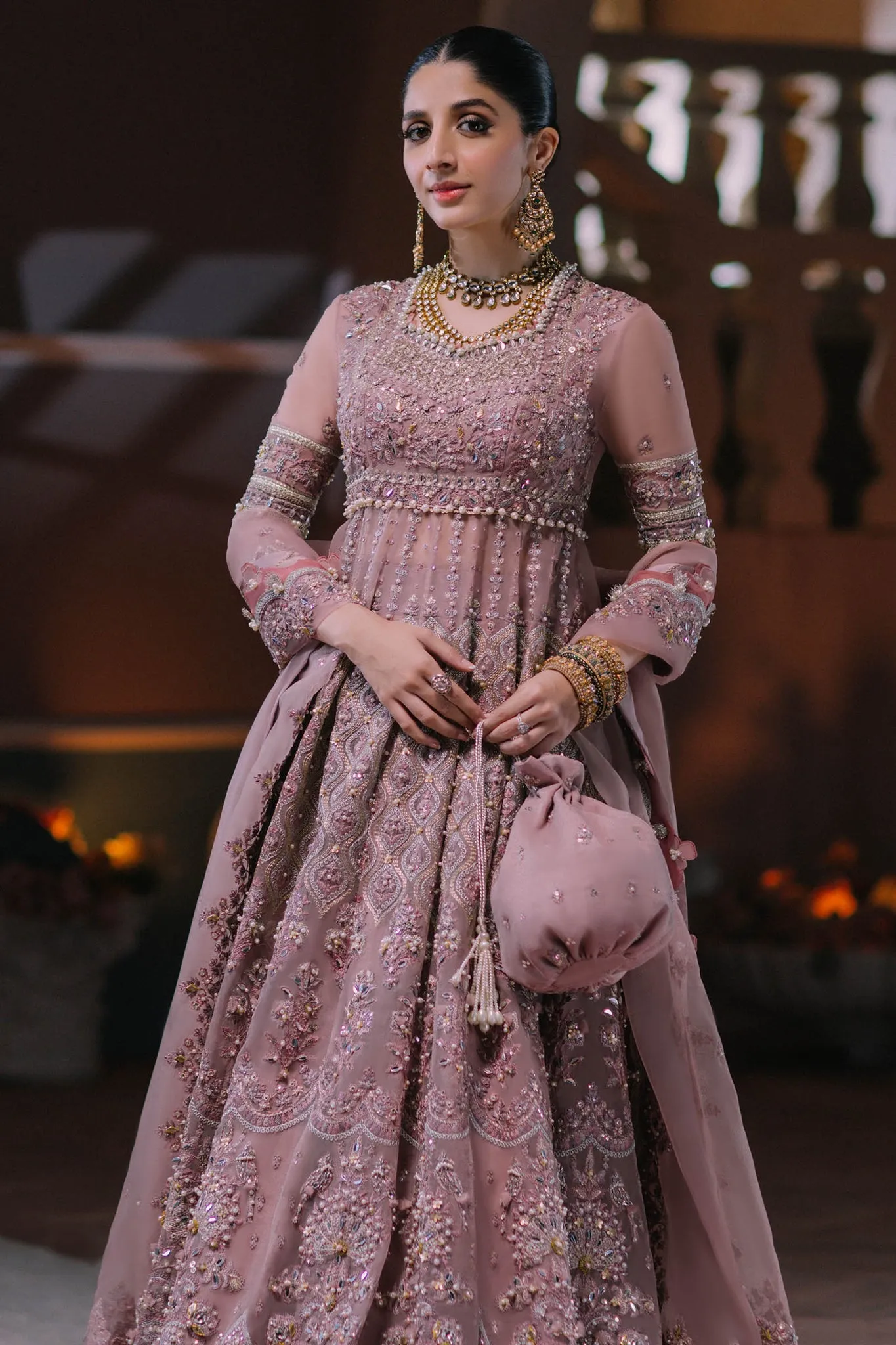 Classic Pishwas Embroidered Pakistani Wedding Dress in Elegant Iris Color
