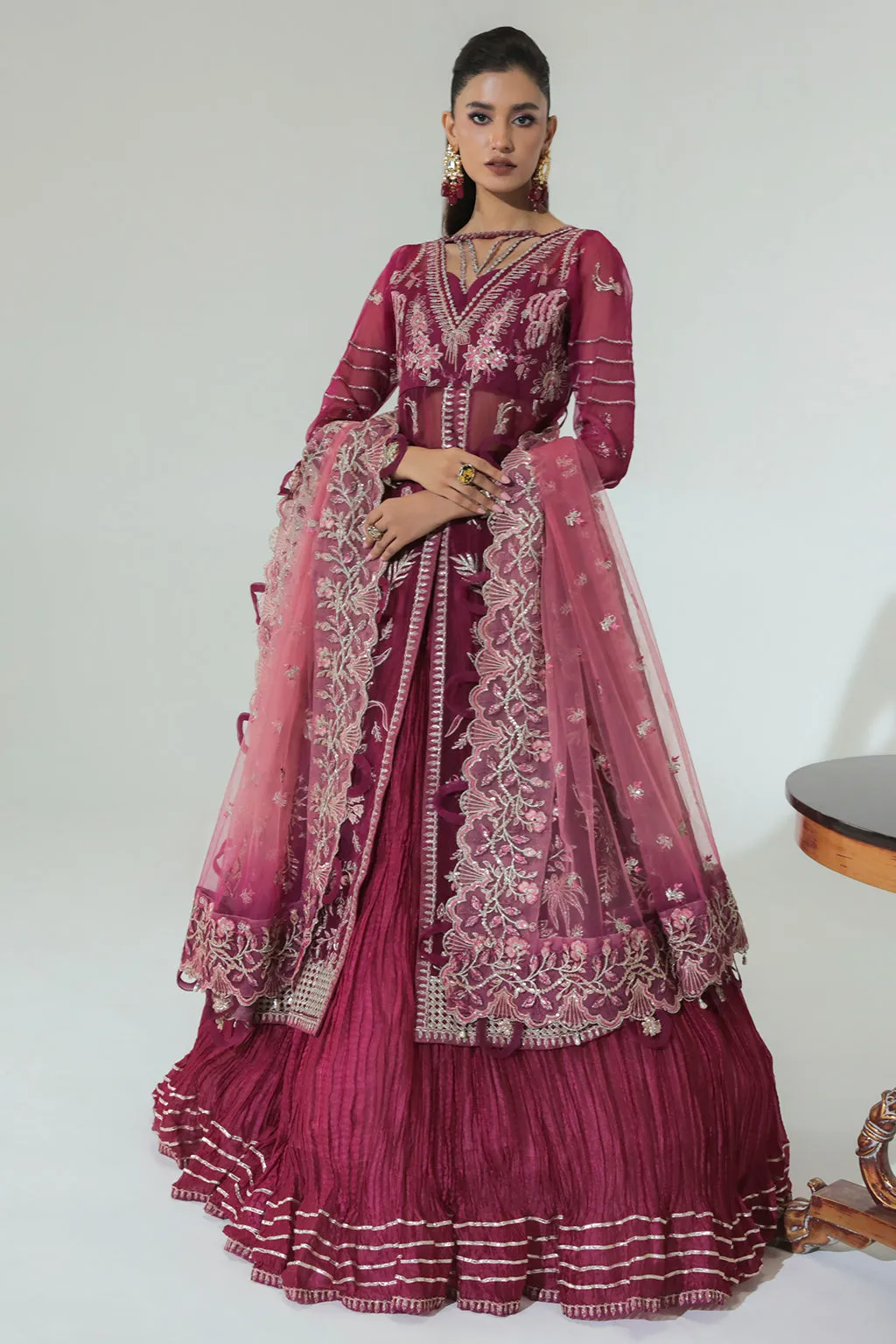 Classic Plum Embellished Pakistani Wedding Dress in Gown Style Pishwas