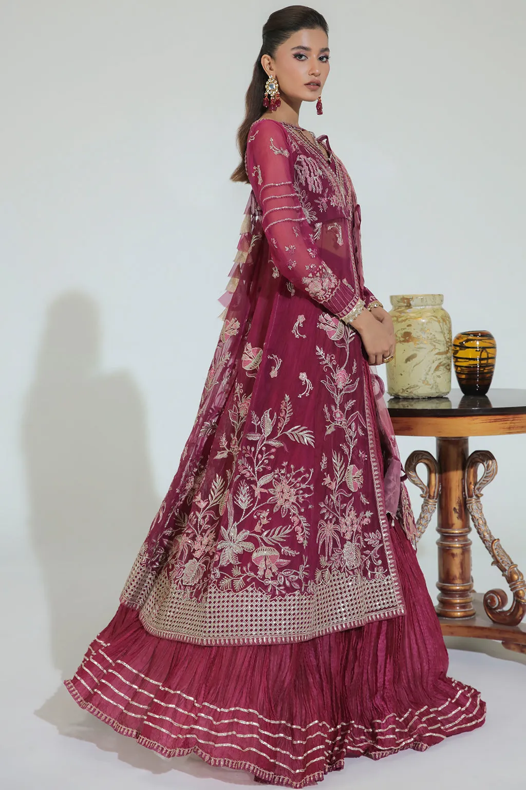 Classic Plum Embellished Pakistani Wedding Dress in Gown Style Pishwas