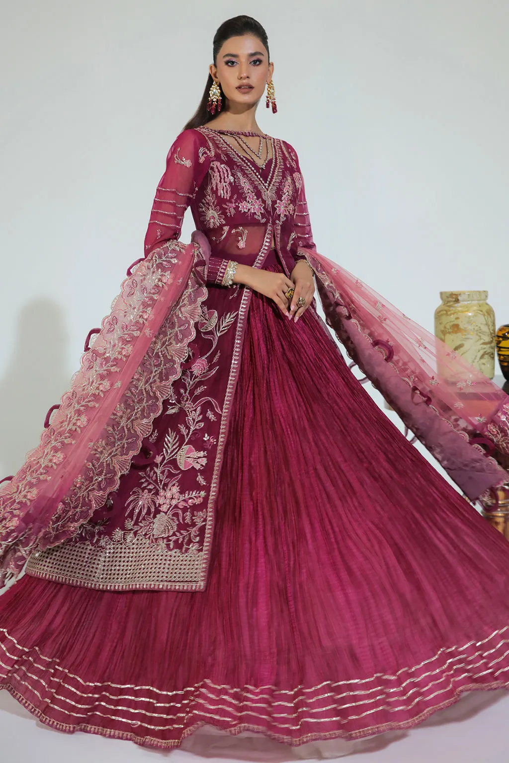 Classic Plum Embellished Pakistani Wedding Dress in Gown Style Pishwas