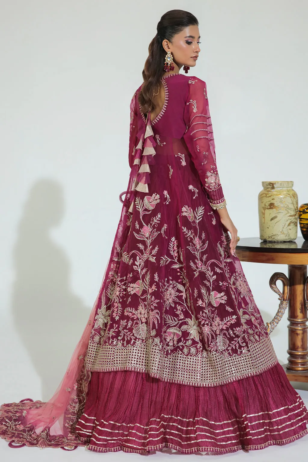 Classic Plum Embellished Pakistani Wedding Dress in Gown Style Pishwas