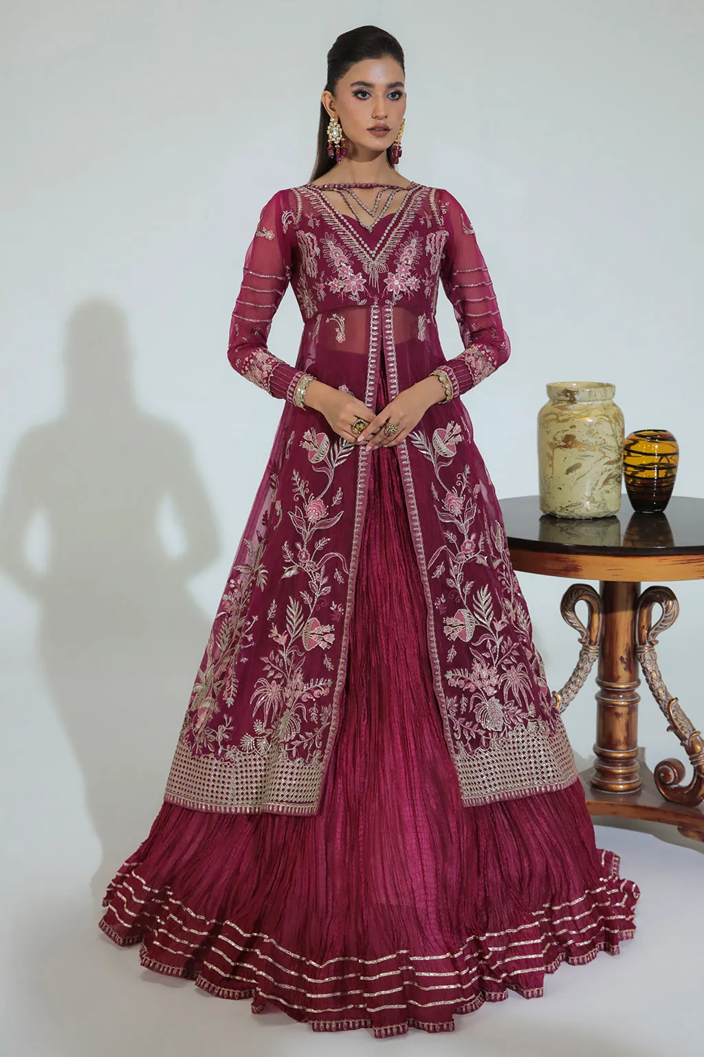 Classic Plum Embellished Pakistani Wedding Dress in Gown Style Pishwas