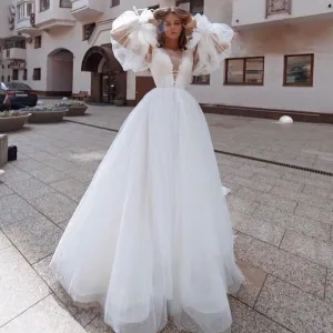 Classic Tulle Wedding Dresses Detachable Puff Long Sleeves A Line Sheer