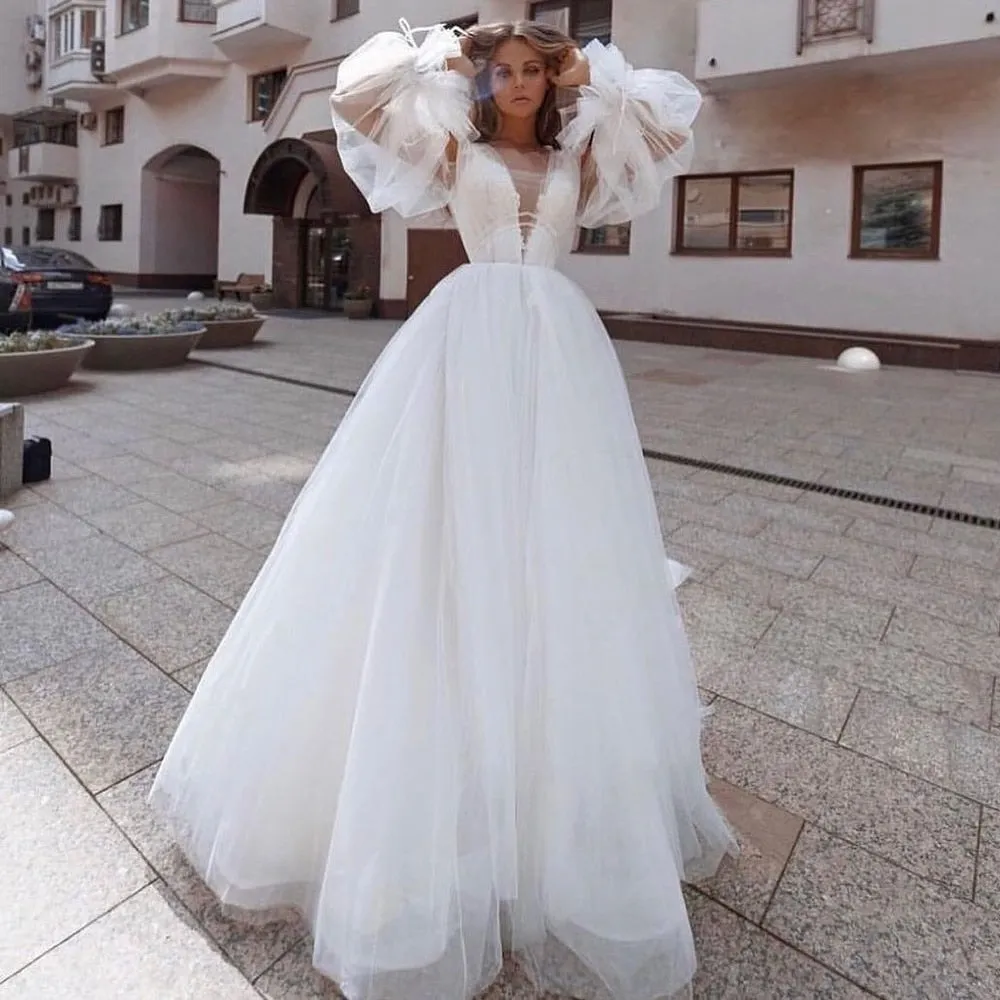 Classic Tulle Wedding Dresses Detachable Puff Long Sleeves A Line Sheer