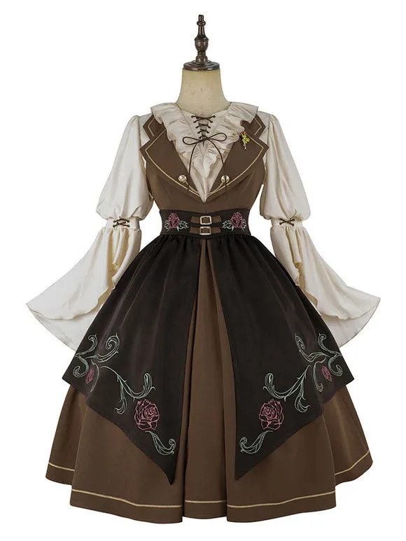 Classical Lolita Dress Polyester 3/4 Length Sleeves Floral Print Lolita Dresses Academic Coffee Brown