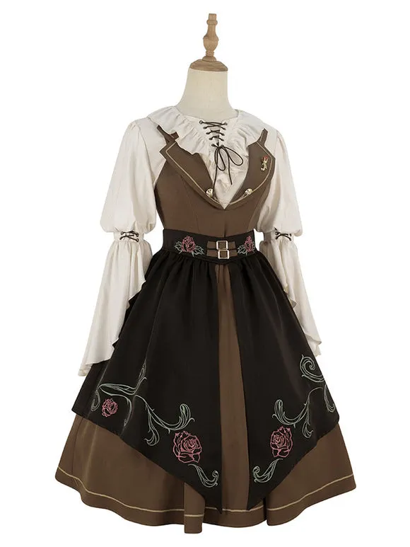 Classical Lolita Dress Polyester 3/4 Length Sleeves Floral Print Lolita Dresses Academic Coffee Brown