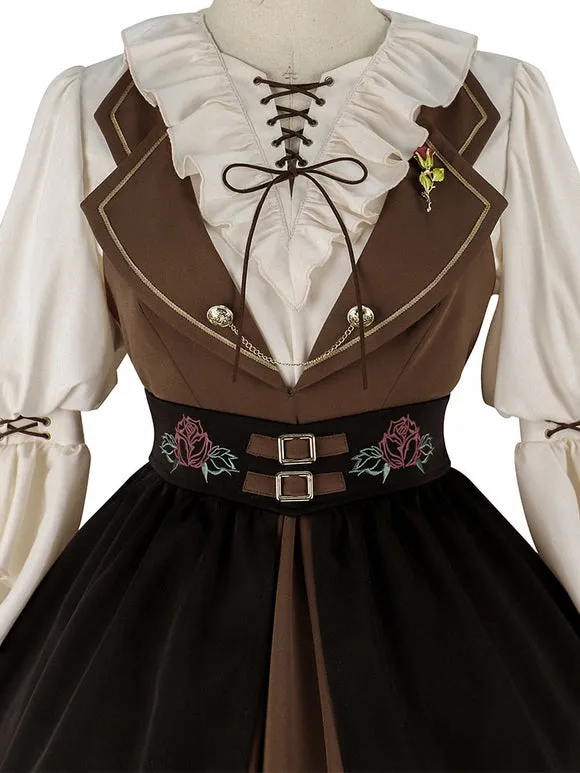 Classical Lolita Dress Polyester 3/4 Length Sleeves Floral Print Lolita Dresses Academic Coffee Brown