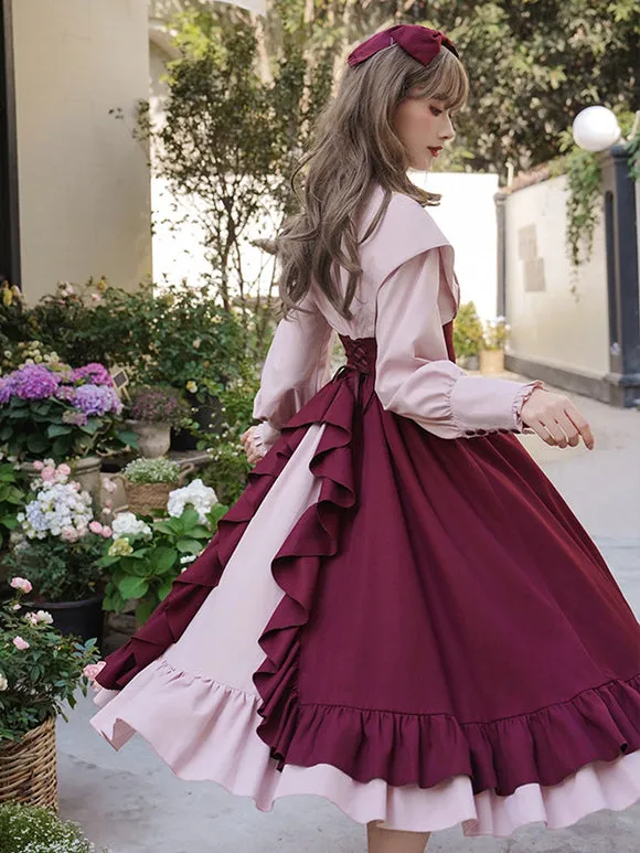 Classical Lolita Dress Polyester Long Sleeves Lolita Dresses Classic Burgundy