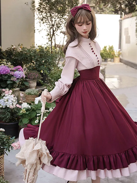 Classical Lolita Dress Polyester Long Sleeves Lolita Dresses Classic Burgundy