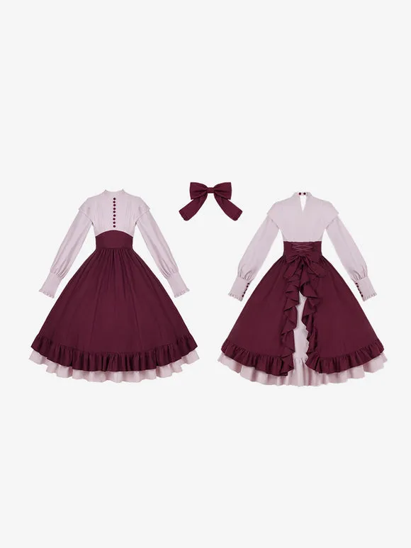 Classical Lolita Dress Polyester Long Sleeves Lolita Dresses Classic Burgundy