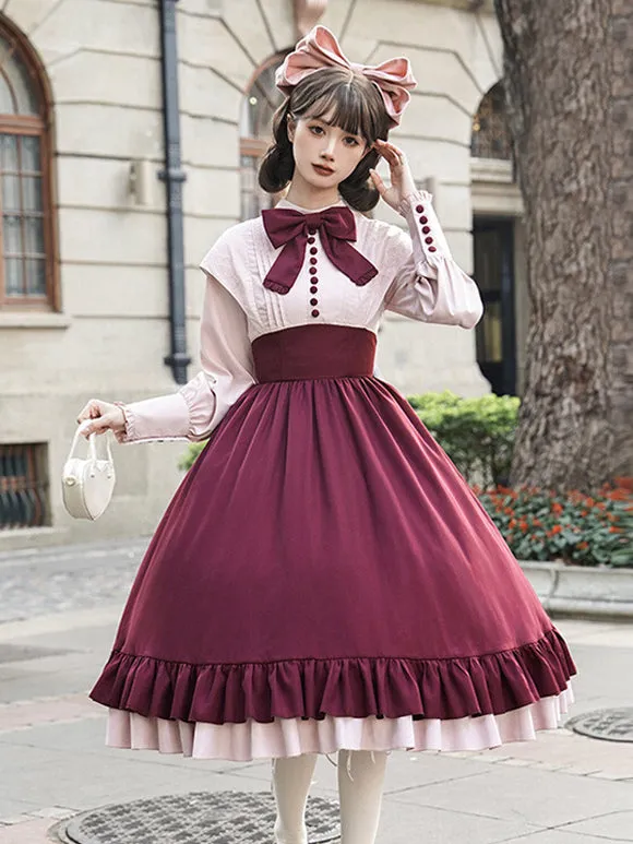 Classical Lolita Dress Polyester Long Sleeves Lolita Dresses Classic Burgundy